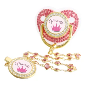 Pink Crown Bling Baby Pacifier With Clip Chain BPA Free Silicone Infant Rhinestone Nipple Soother 0-18 Months Shower Gift