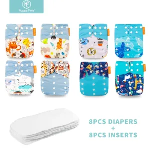 HappyFlute 8 diapers+8 Inserts Baby Cloth Diapers One Size Adjustable Washable Reusable Cloth Nappy For Baby Girls and Boys